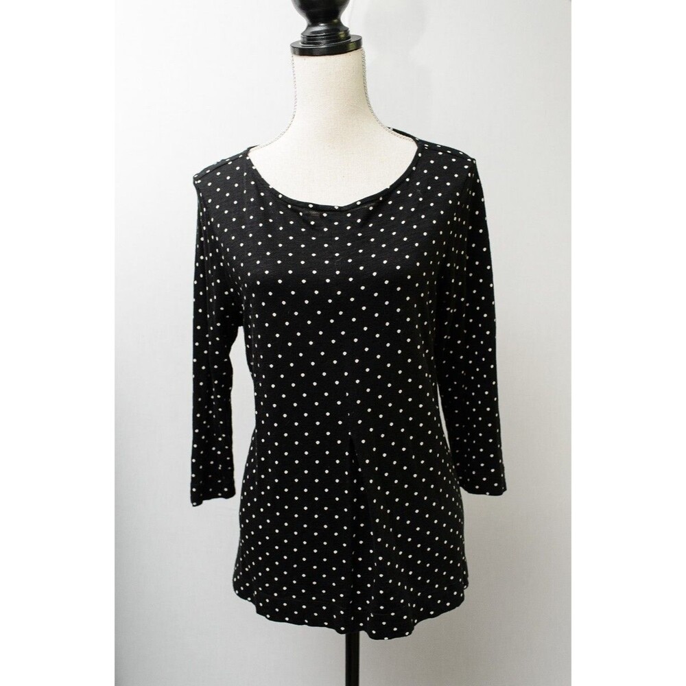 J Jill Top Medium Black Polka dot 3/4 Sleeve pleated Front‎ Blouse Shirt tunic M